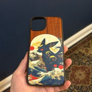 Handmade Wooden iPhone 14 Plus Case with Umbreon Illustration - Blue, Red, Cream